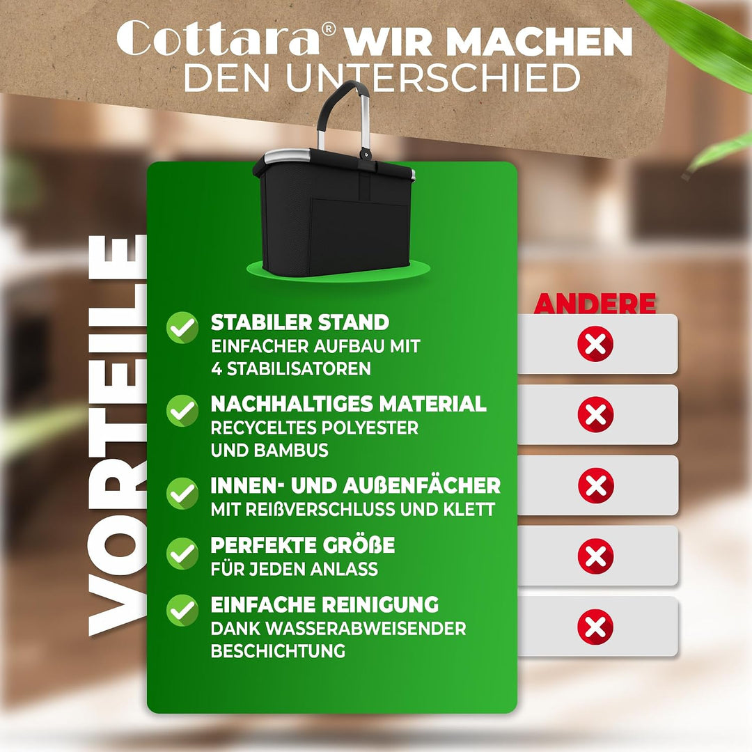 Cottara® 30L Einkaufskorb – stabiler Tragekorb mit Henkel, Schwarz Silber, Schwarz Silber
