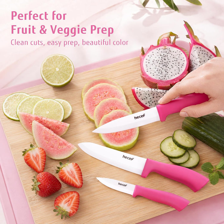 hecef Keramikmesser Set 3-teilig Rosa, Küchenmesser Set mit Schutzscheide, Rosa