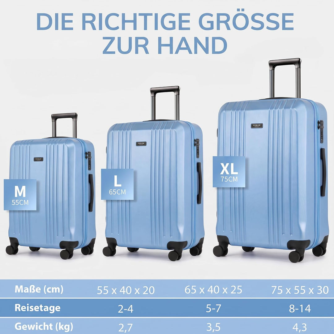 FERGÉ 3er Kofferset Hartschale Gepäckset mit 4 Doppelrollen &amp; TSA Schloss Sky-blue, Sky-blue