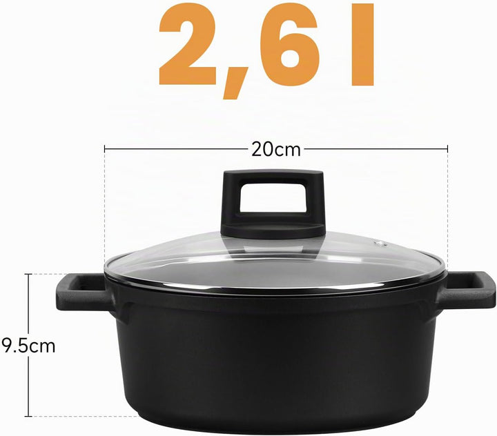Topf Homelux 20cm Kochtopf Induktion Schmortopf mit Glasdeckel, 2,6L Kochtöpfe mit Antihaftbeschicht