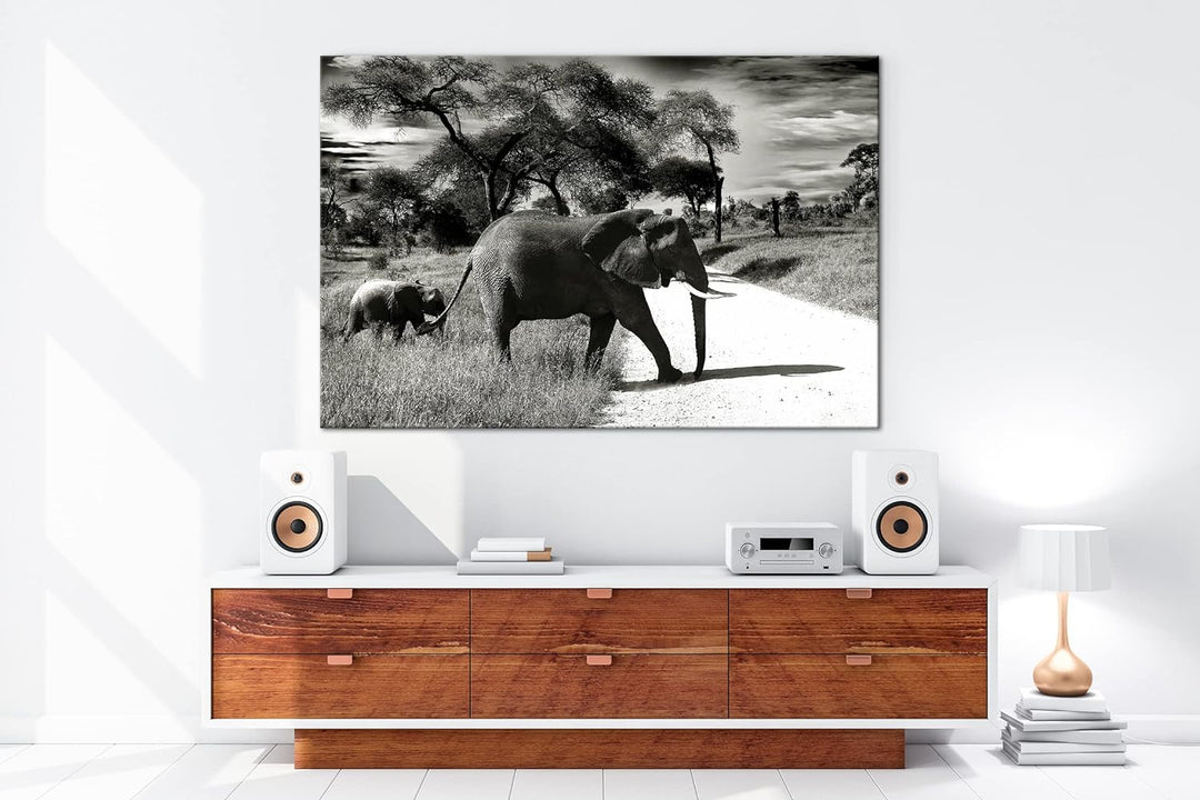 deyoli Elefantenfamilie in der Savanne Format: 100x70 als Leinwand, Motiv fertig gerahmt auf Echthol