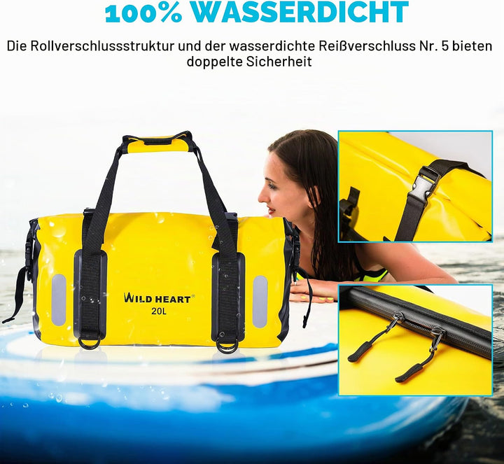 WILD HEART wasserdichte Tasche für Kajakfahren, Camping, Boot, Radfahren 20L 30L 40L 30L Gelb, 30L G