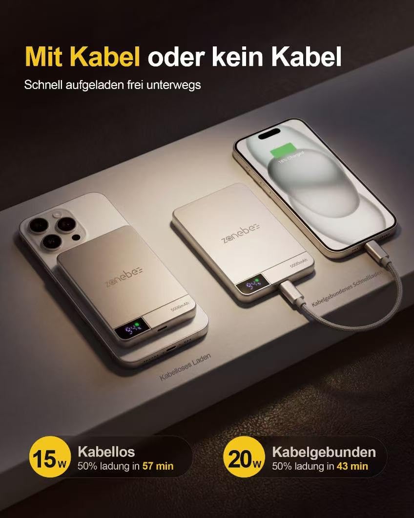 5000mAh Kabellose Powerbank, Ultra-Schlank und Leicht mit USB-C Schnellaufladung, Digitaler Anzeige,