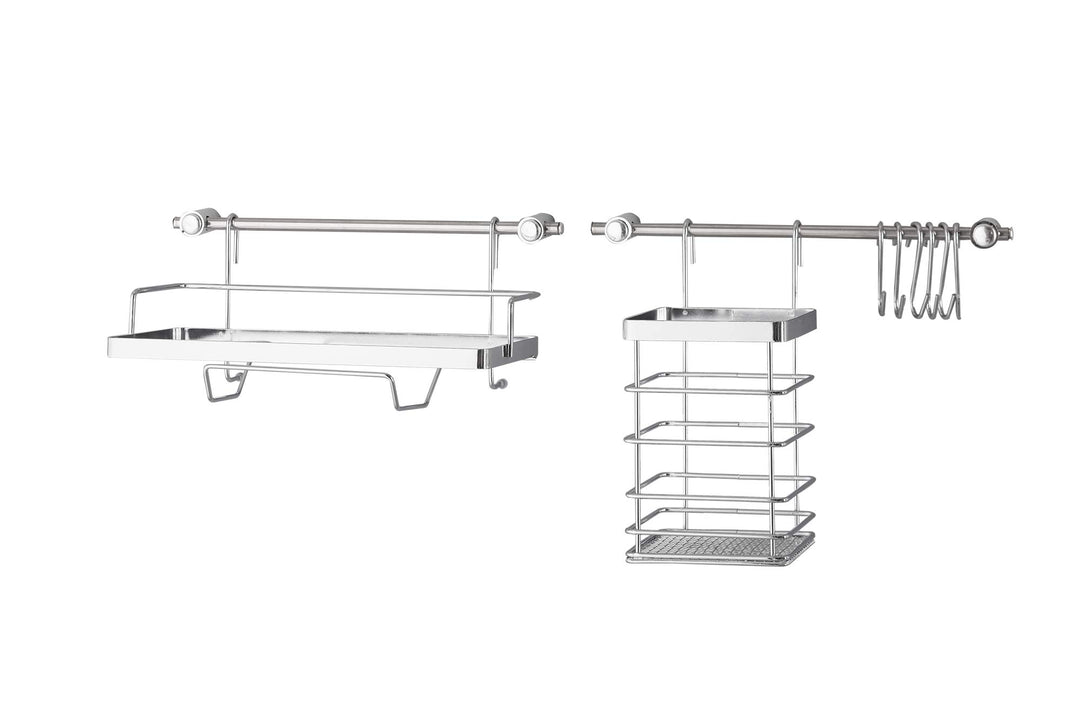 Metlex Edelstahl Küchenreling 60 cm, Hakenleiste mit Behälter für Besteck, Wandmontage, Silber, 10 T