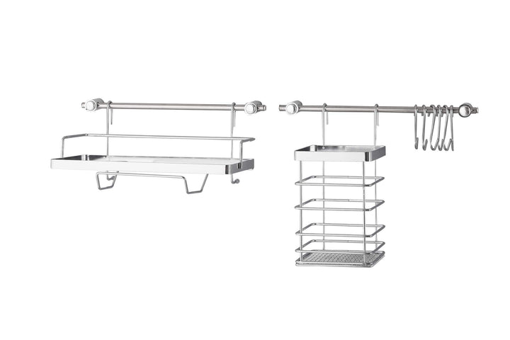 Metlex Edelstahl Küchenreling 60 cm, Hakenleiste mit Behälter für Besteck, Wandmontage, Silber, 10 T