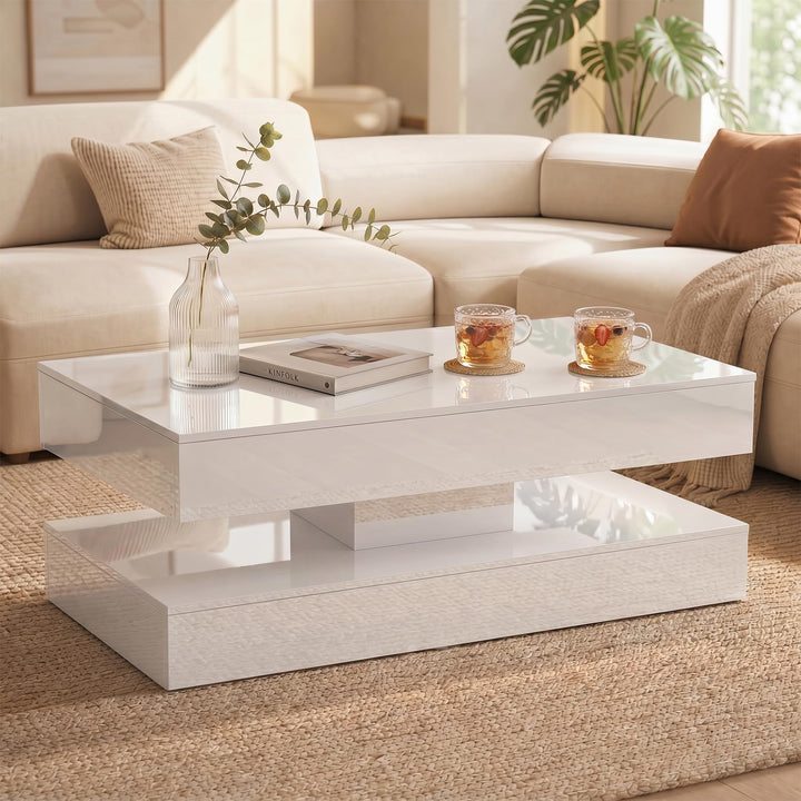 OC Orange-Casual Weiss Couchtisch im Hochglanz, Moderner Kaffeetisch mit 2 Schuhbalden, Rechteckiger