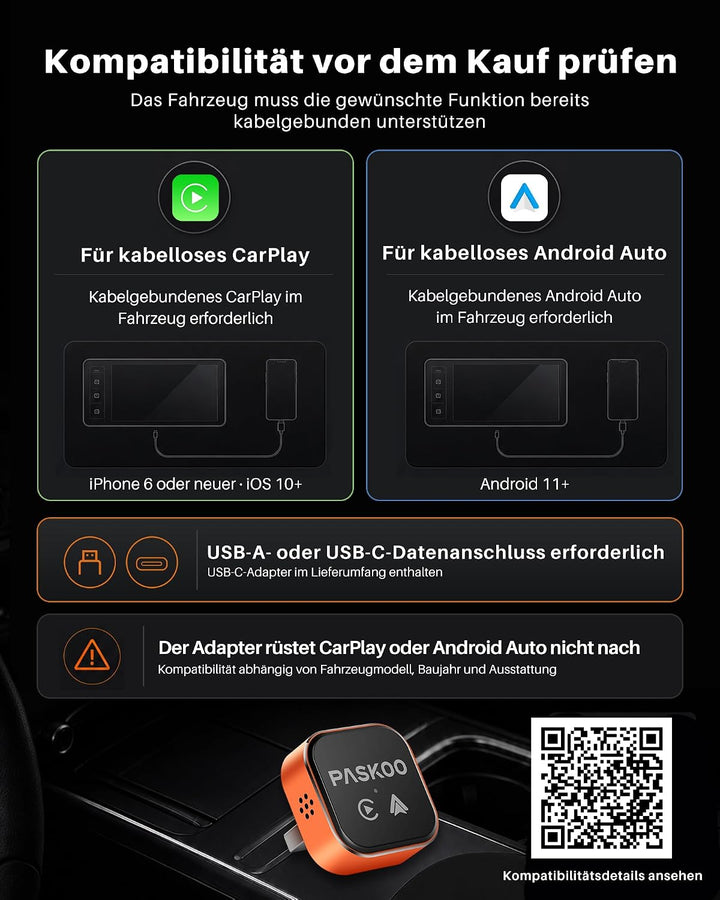 PASKOO 2-in-1 Wireless CarPlay &amp; Android Auto Adapter, USB-A + USB-C 2-in-1 Adapter, 2-in-1 Adapter