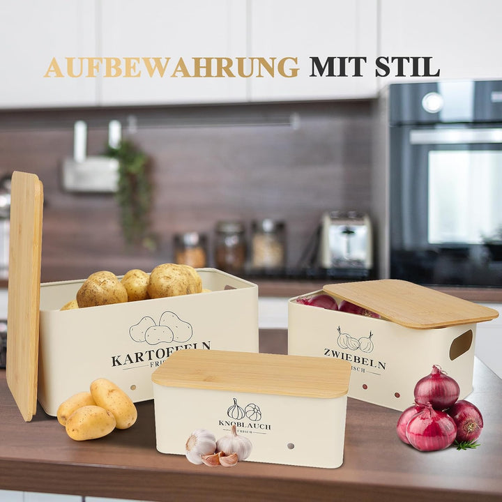 Kartoffel Aufbewahrungsbox 3er Set, Kartoffel Aufbewahrung Vintage Mit Bambusdeckel, Aufbewahrung Ka