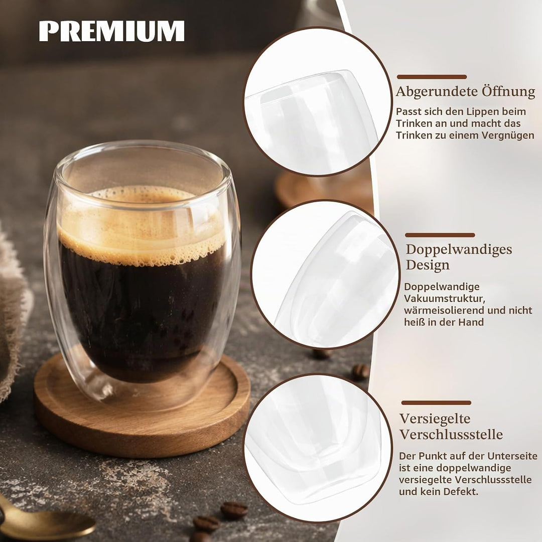 Latte Macchiato Gläser 6er Set, Cappuccino Tassen, 350ml Doppelwandiges Kaffeegläser, Schwebeeffekt,