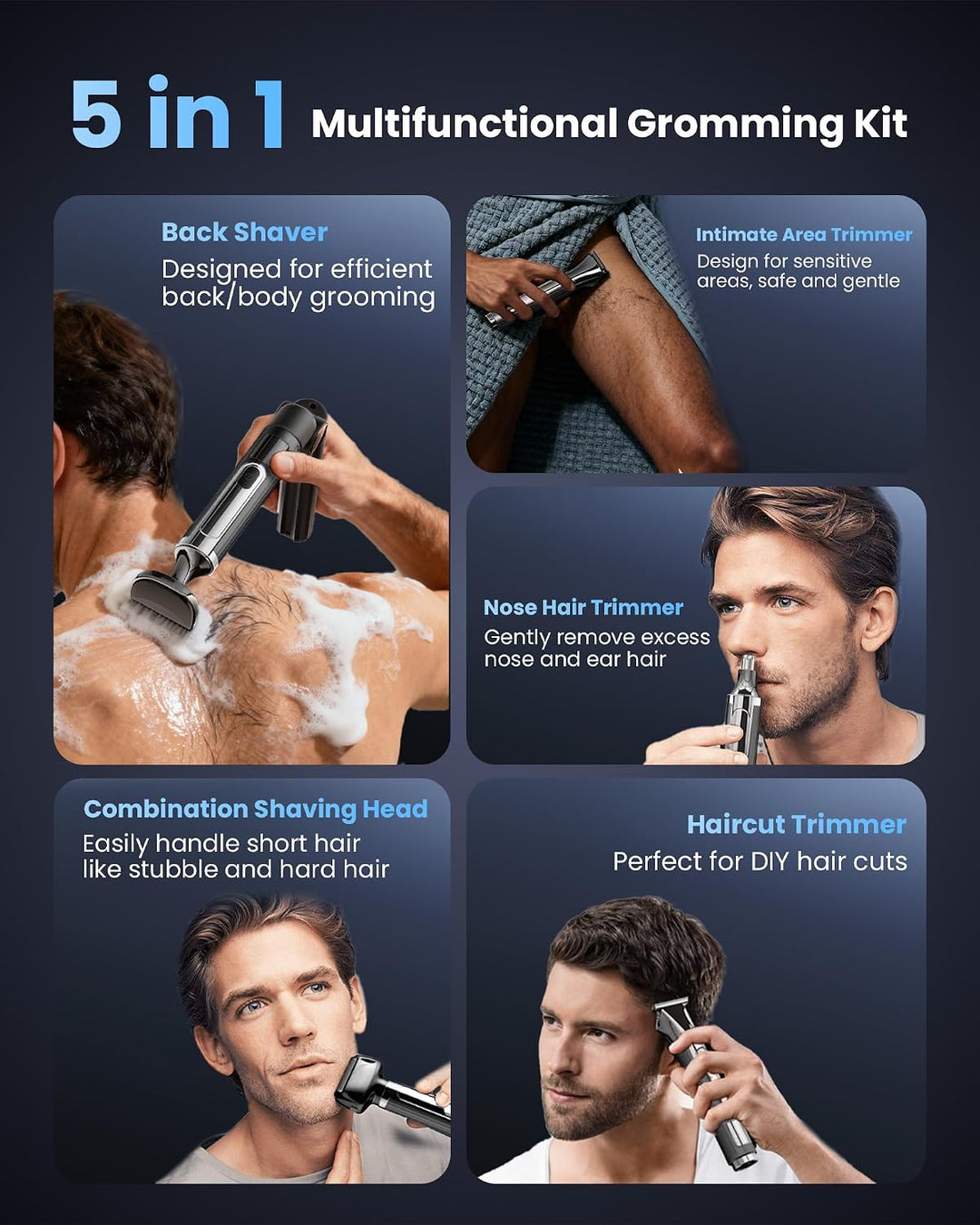 NUBACK Rückenrasierer für Herren, 5-in-1 Körperhaartrimmer mit langem Griff Schwarz-5, Schwarz-5