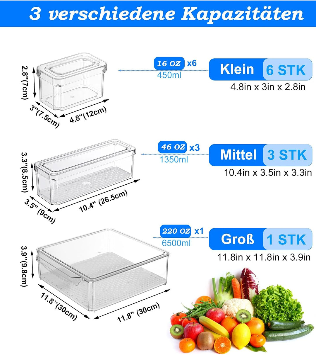 KUMD 10 Stück kühlschrank organizer, stapelbare kühlschrank organizer mit deckel, BPA-frei, klar Obs