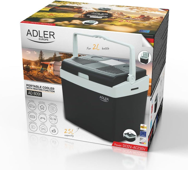 ADLER Tragbare Kühlbox 25L, HEIZUNG-KÜHLUNG-Schalter