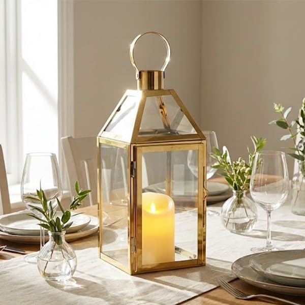JHY Design Gold Dekorative Laternen Edelstahl Kerzenlaternen, 34cm hoch Hängende Laterne Balkon Zube