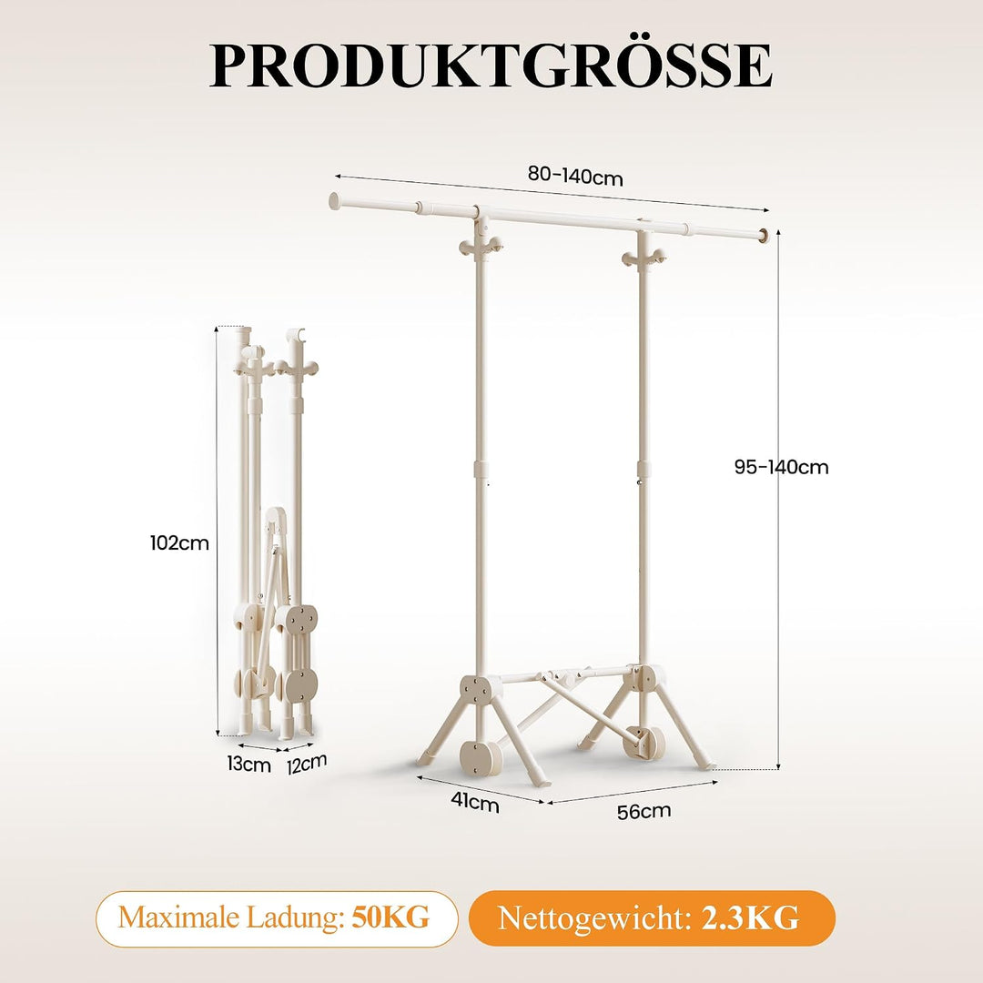 Kleiderstange, Faltbares Kleiderständer mit 3 Höhen Einstellbar Cremeweiss 1.4m, Cremeweiss 1.4m