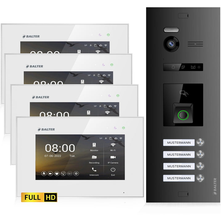 Balter EVO-HD Video Türsprechanlage mit Fingerprint, Video Türklingel, 4 Familienhaus, 3X 7 Zoll Mon