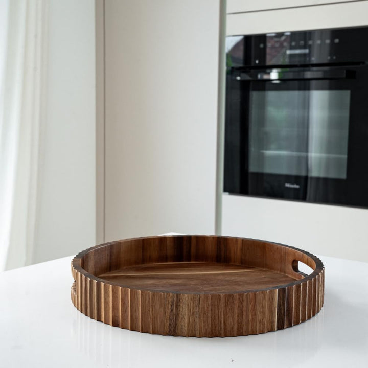 Zoha Akazienholz Serviertablett - Holz Tablett rund, elegantes Dekotablett aus Holz - Servierplatte