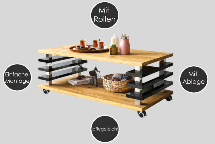 Design Couchtisch DC-3 Tisch Wohnzimmertisch mit Rollen 120x60x40 / 45, Farbe:Nussbaum - Schwarz Hoc