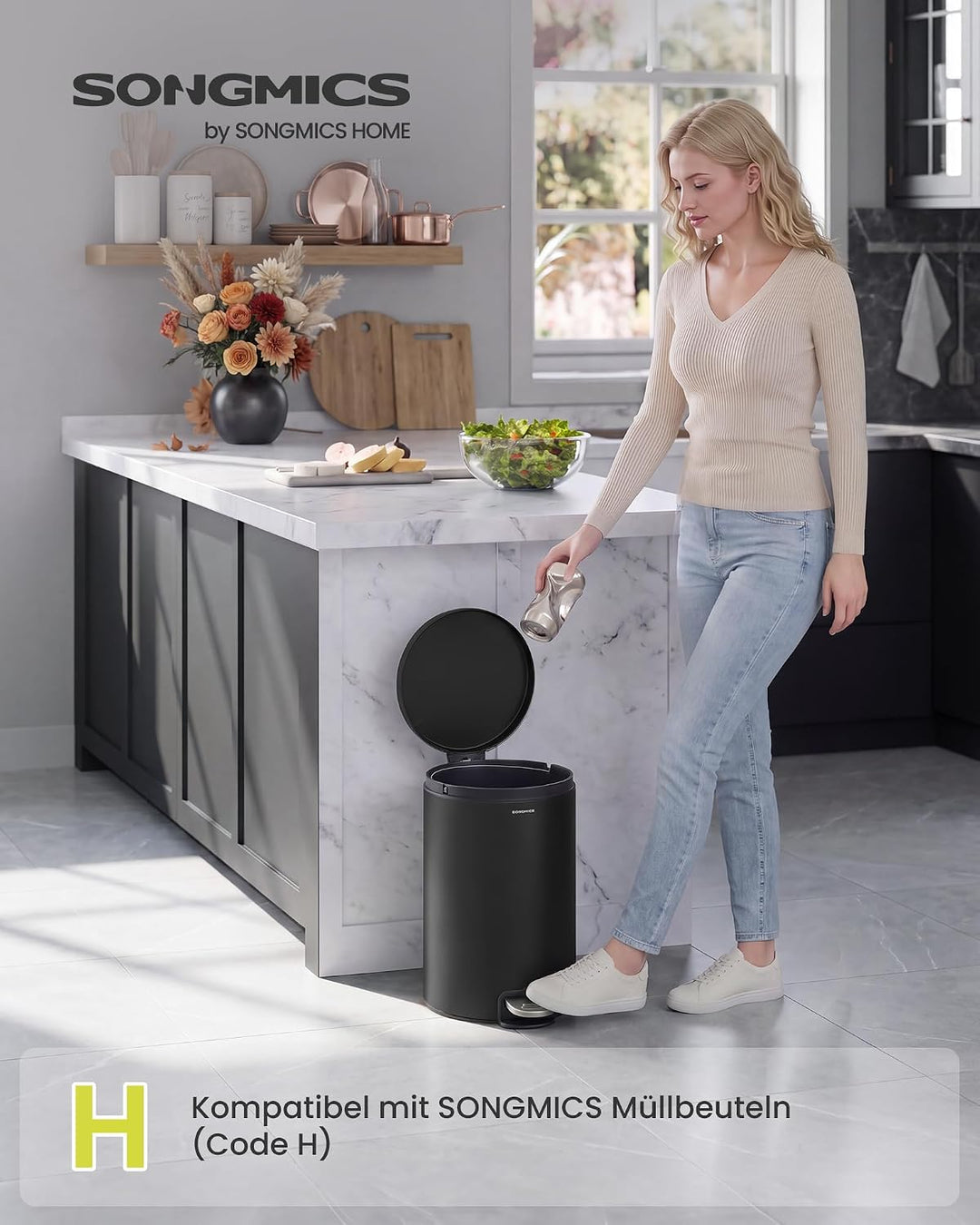 SONGMICS Mülleimer Küche, mit Deckel, Softclose, Schwarz, 20 L Schwarz 20 L, Schwarz 20 L