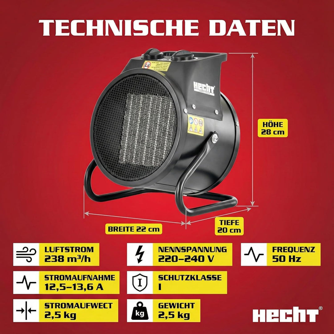 HECHT Keramik Heizstrahler (NEU) – Tragbare Heizer mit 2000W oder 3000 Watt – Thermostat – Überhitzu