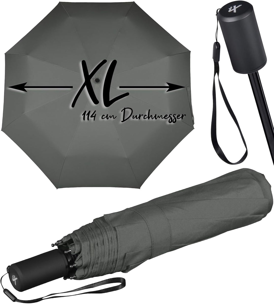 iX-brella Trekking XL Taschenschirm 115 cm gross mit Umhängetasche grey, grey