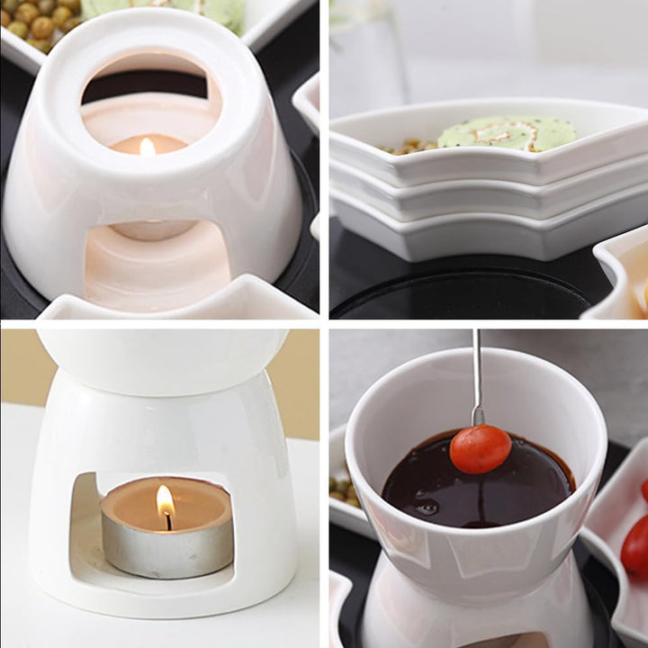 RANJIMA Schokoladen Fondue Set, Keramik Mini Schokofondue Käsefondue Fondue Set mit 4 Keramiktellern
