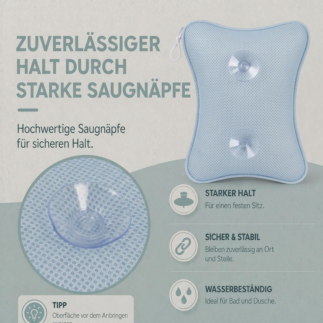 Badewannenkissen mit Saugnäpfen, Waschbares &amp; Schnelltrocknend Blau, Blau