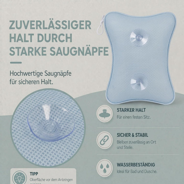 Badewannenkissen mit Saugnäpfen, Waschbares &amp; Schnelltrocknend Blau, Blau