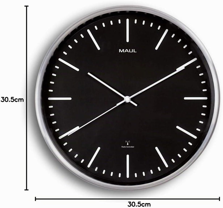 Maul Funkwanduhr MAULfly Ø 30cm | Wanduhr aus Mineralglas | automatische Zeiteinstellung | schmaler