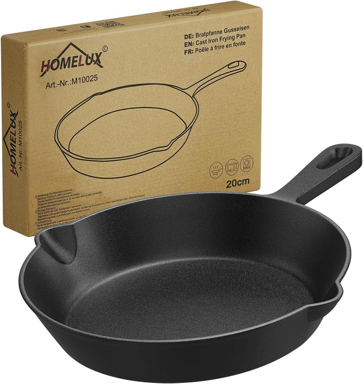 HOMELUX 20 cm Gusseisenpfanne, Eingebrannte Pfanne für Induktion 20cm, 20cm