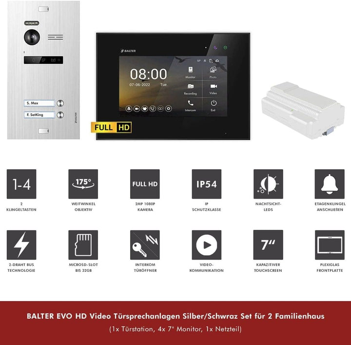 Balter EVO HD Silber/Schwarz Video Türsprechanlage Set für 2 Familienhaus (1x Türstation mit Full HD