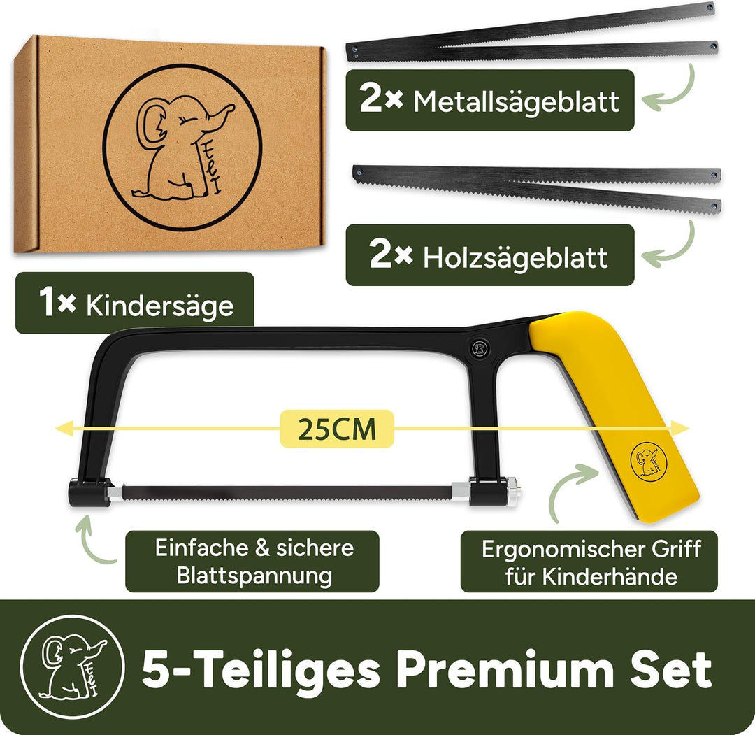 Eli® Kindersäge + Kinderhammer ab 6 Jahre + 4 Sägeblätter für Holz Metall Kindersäge + Hammer, Kinde