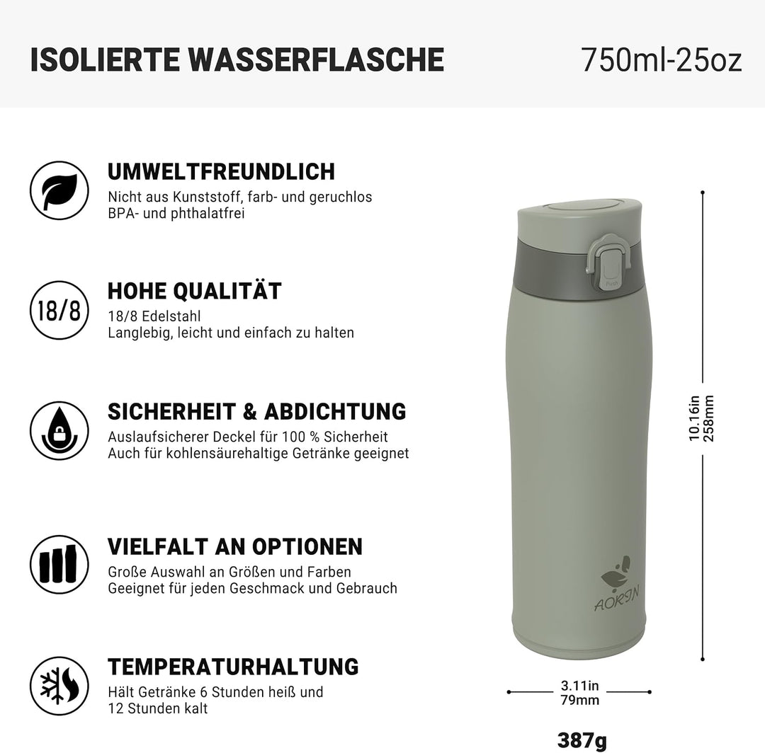 AORIN Trinkflasche Edelstahl Isolierflasche Thermosflasche 500/750/950ml | 2 auslaufsichere Deckel m
