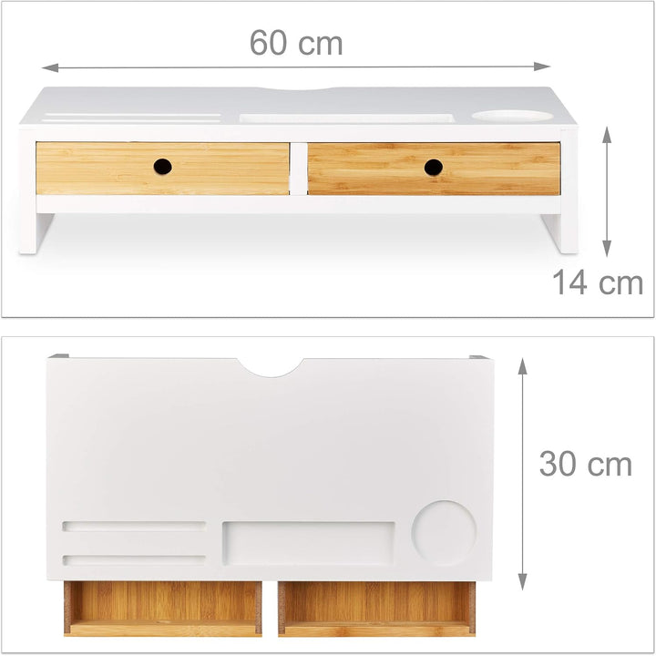 Relaxdays Monitorständer Bambus, Bildschirmerhöhung mit 2 Schubladen &amp; Fächern, Lapdesk HBT 14 x 60