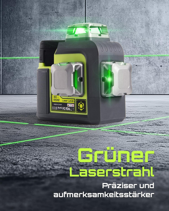 LasGoo 3D-RS12 Laser-Nivelliergerät: 3x360° grüner Strahl, selbstnivellierend, ideal für Bau und Bil