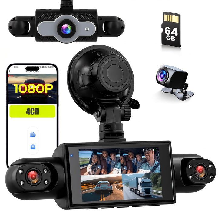 4 Kanal Dashcam Auto, 360 Grad Dash Cam FHD 1080P Vorne Hinten Innen Links und Rechts, Autocamera mi