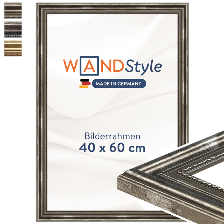 WANDStyle Bilderrahmen Antik 40x60cm I Farbe: Silber I Holzbilderrahmen I Fotorahmen I Silberner Bar