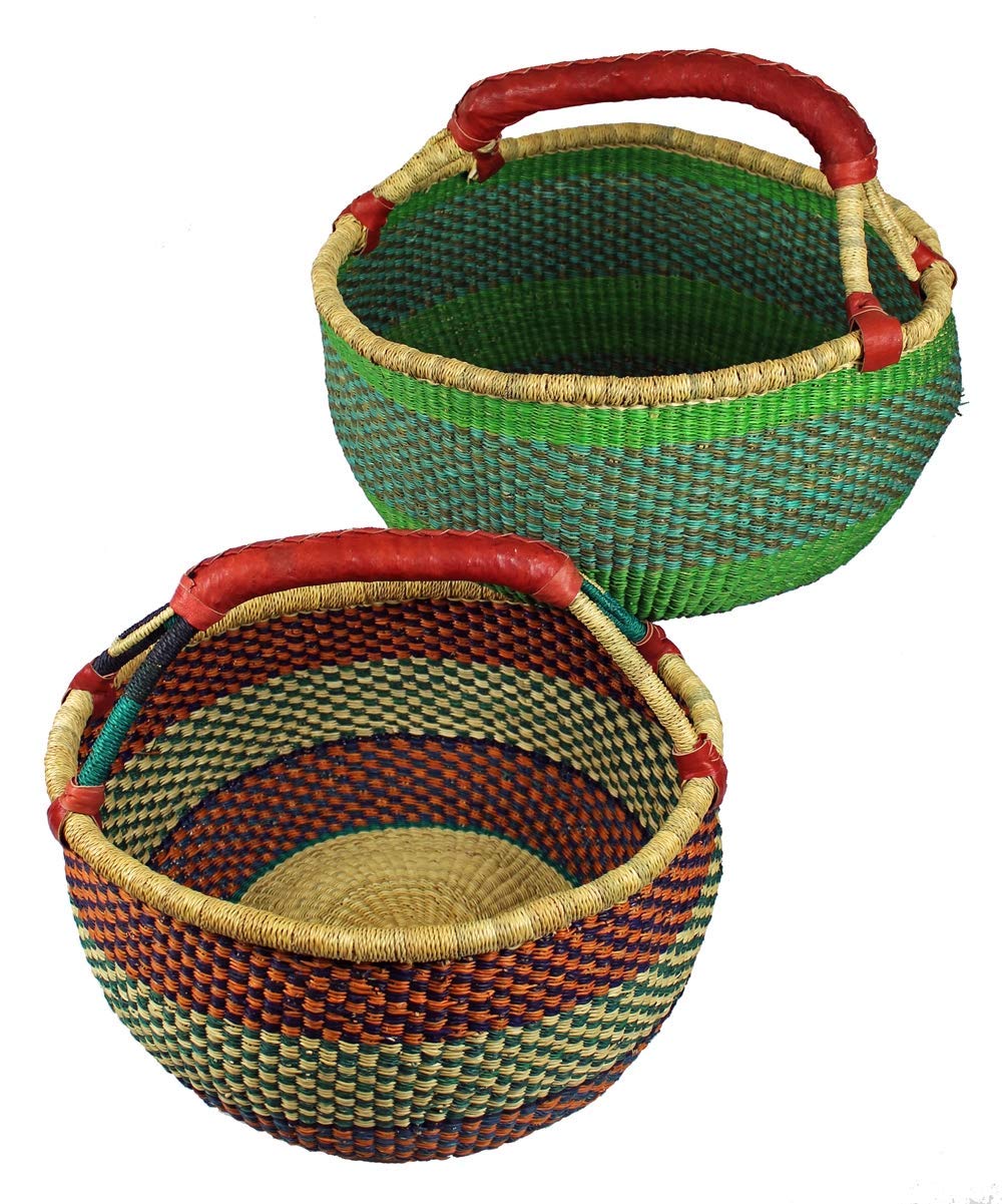 Bolga Korb, Steppengras bunt mit Lederhenkel, sortiert, ca. 40-45 cm