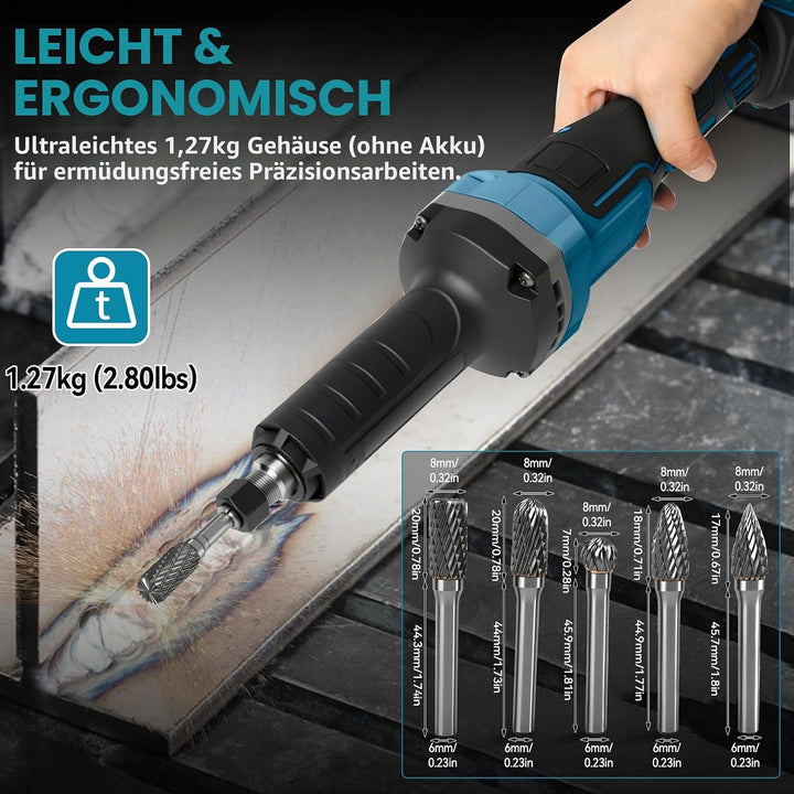 Akku-Schleifmaschine kompatibel mit Makita 18 V, bürstenloser elektrischer Geradschleifer mit 5 Stüc