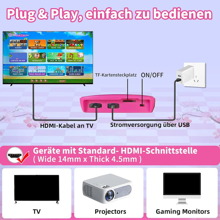 Kinder‑Spielkonsole mit über 90 integrierten Spielen, HDMI‑Plug‑&amp;‑Play, 2 kabellosen Gamepads Kinder