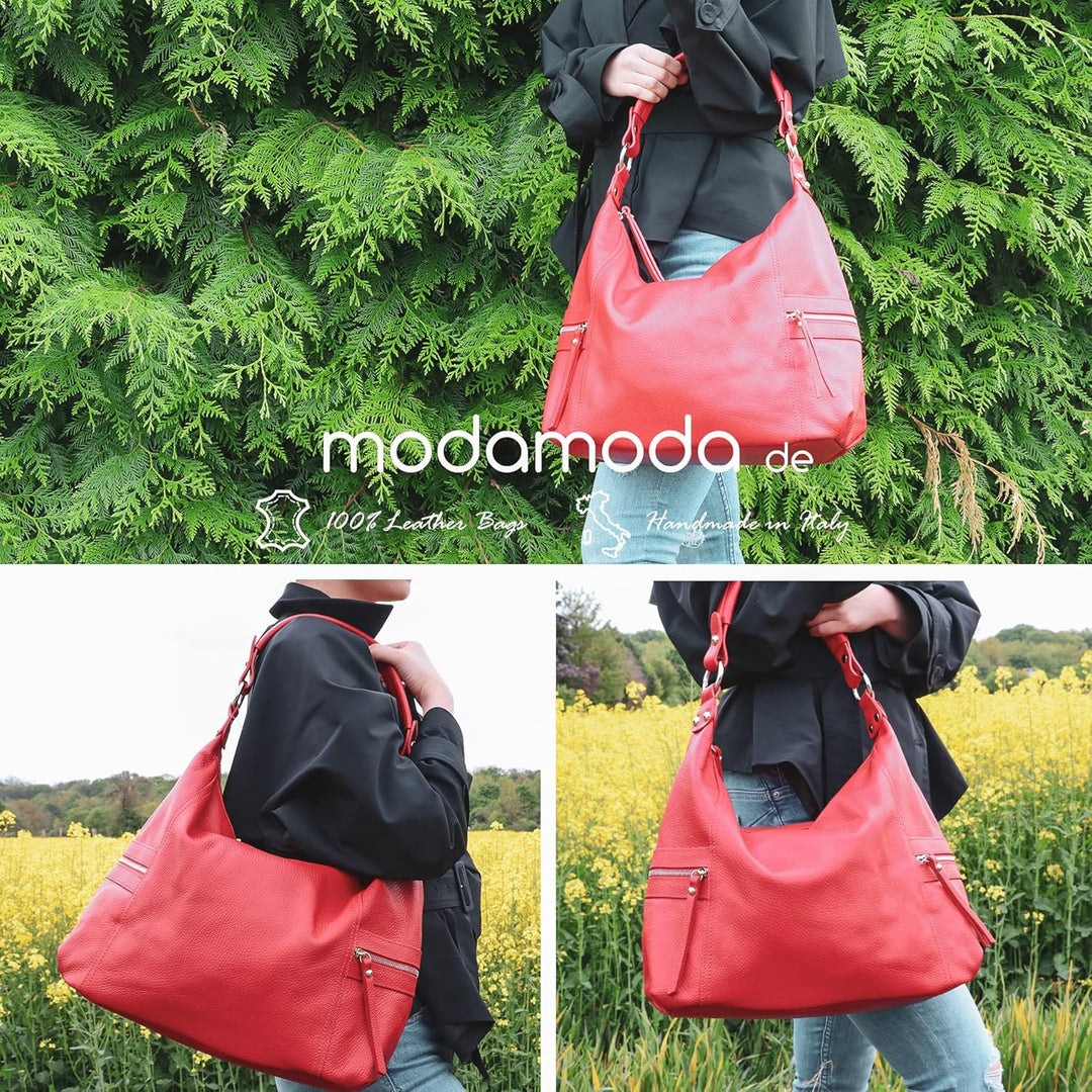 modamoda de - T229 - ital Schultertasche Shopper aus Leder Flaschengrün, Flaschengrün