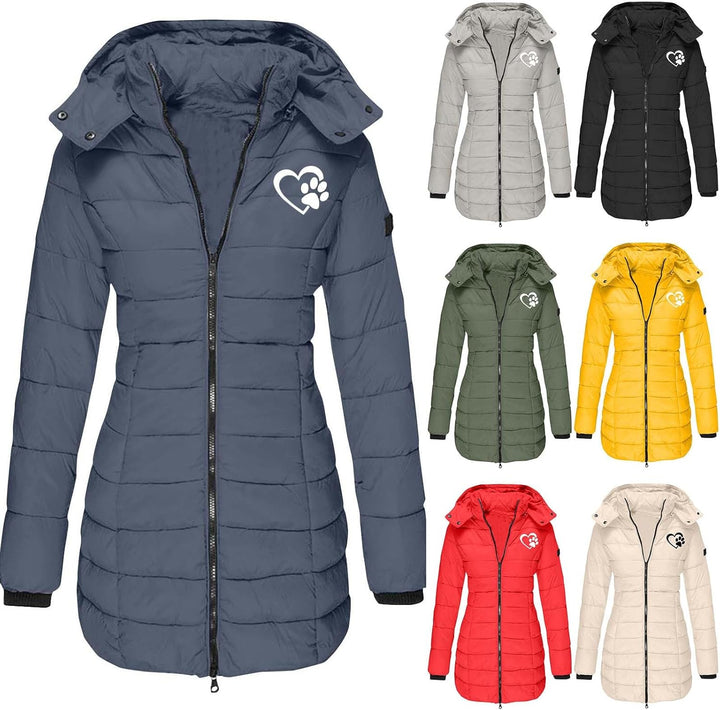 Daunenjacke Damen Lang Herz Hundepfote Druck Winterjacke Warm Steppjacke Mit Abnehmbar Kapuze Reissv