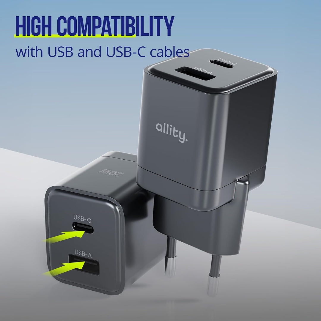 GaN Ladegerät 30W USB-C + USB-A Schnellladegerät | Mini Netzteil mit Power Delivery &amp; Quick Charge |