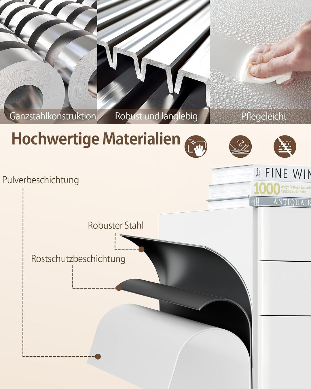 Rollcontainer, Mobiler Aktenschrank mit Schloss, Abgerundeten Ecken, 4 Schlüssel, Druckertisch, Bere