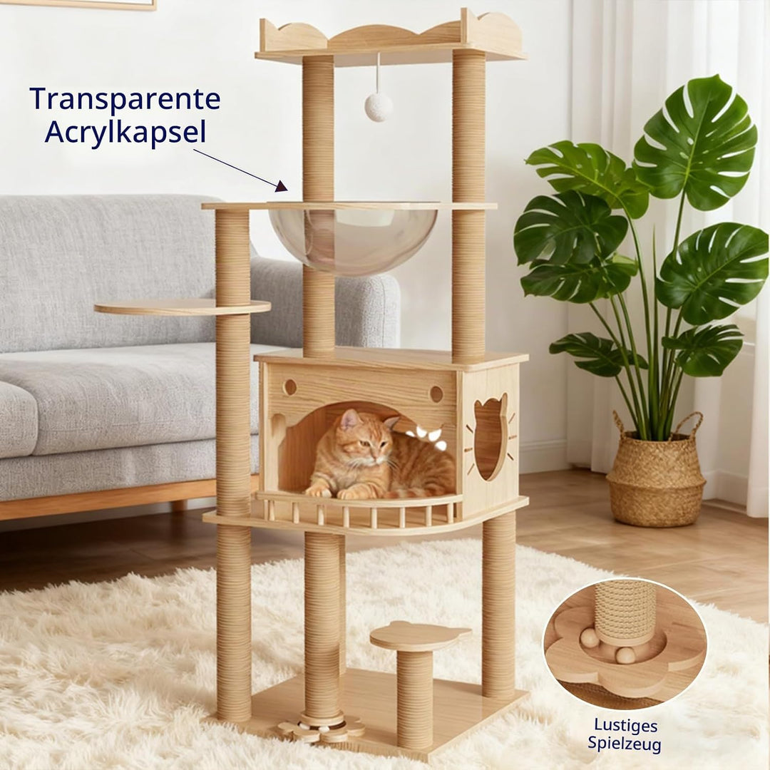 KVIDA Kratzbaum Holz 144 cm für grosse Katzen bis 15 kg, extra Stabiler Katzenbaum Holz, Dicke Massi