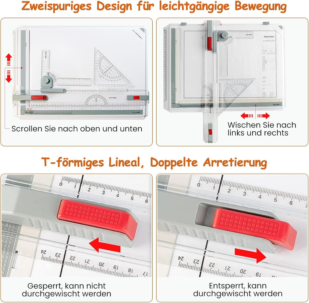 Ecliptix A3 Profi Zeichenbrett Set, nutzbar für A3‑ und A4‑Zeichenpapier Weiss, Weiss