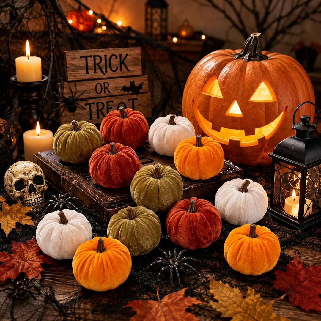12 Set Herbstdeko, Samt Kürbisse Deko, Mini Tischdeko