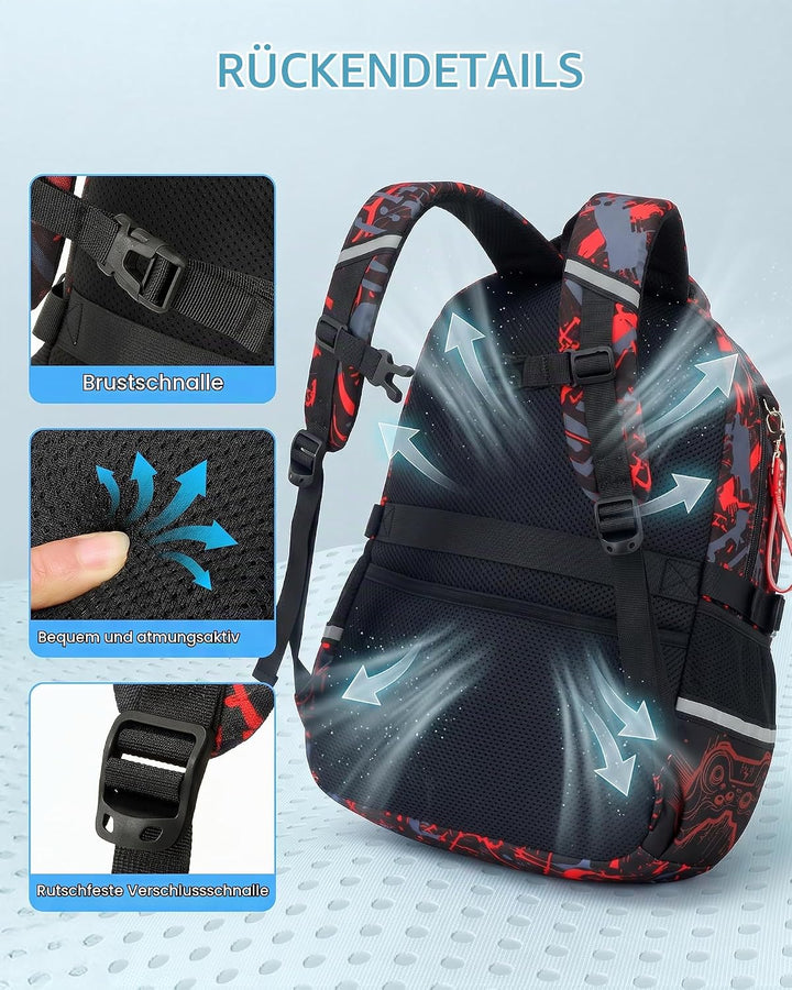 Schulrucksack Jungen Teenager 3 Teilig, Schultasche Kinder für 3. bis 7. Klasse mit Lunch Tasche Fed