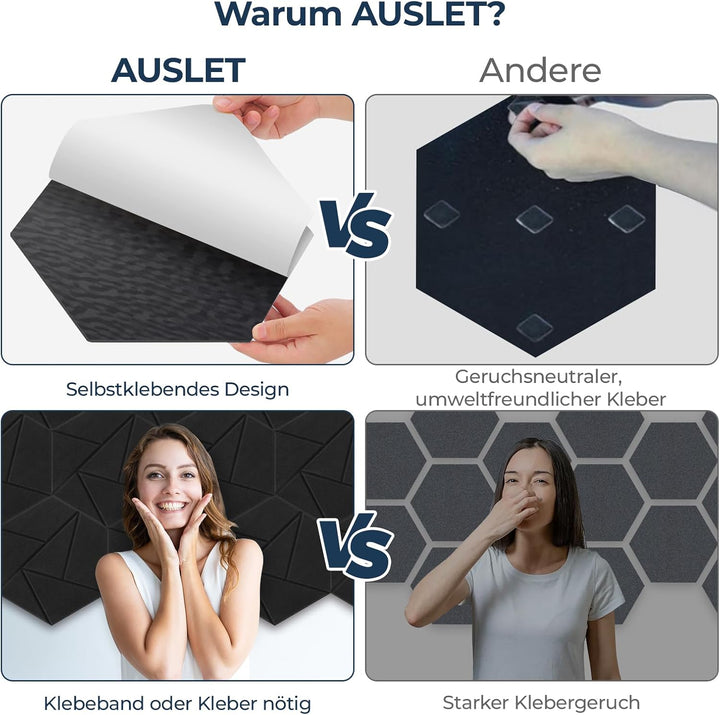 12 Stück Hexagon Akustikplatten Selbstklebend, 30 x 26 x 0,9 cm Hohe Dichte Schallschutzplatten, Aco