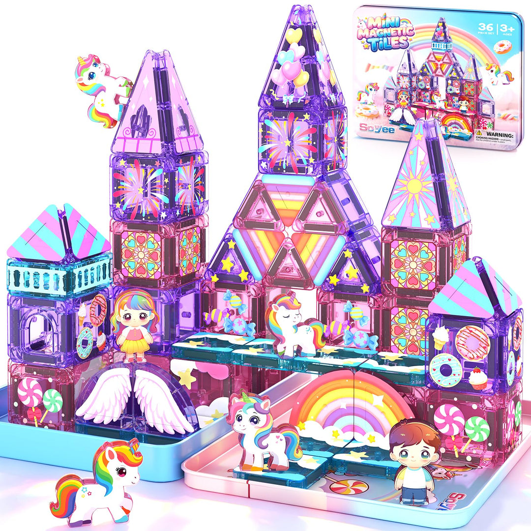Magnetische Bausteine mit 4 Einhörnern, 36er Mini Magnetbausteine für Kids