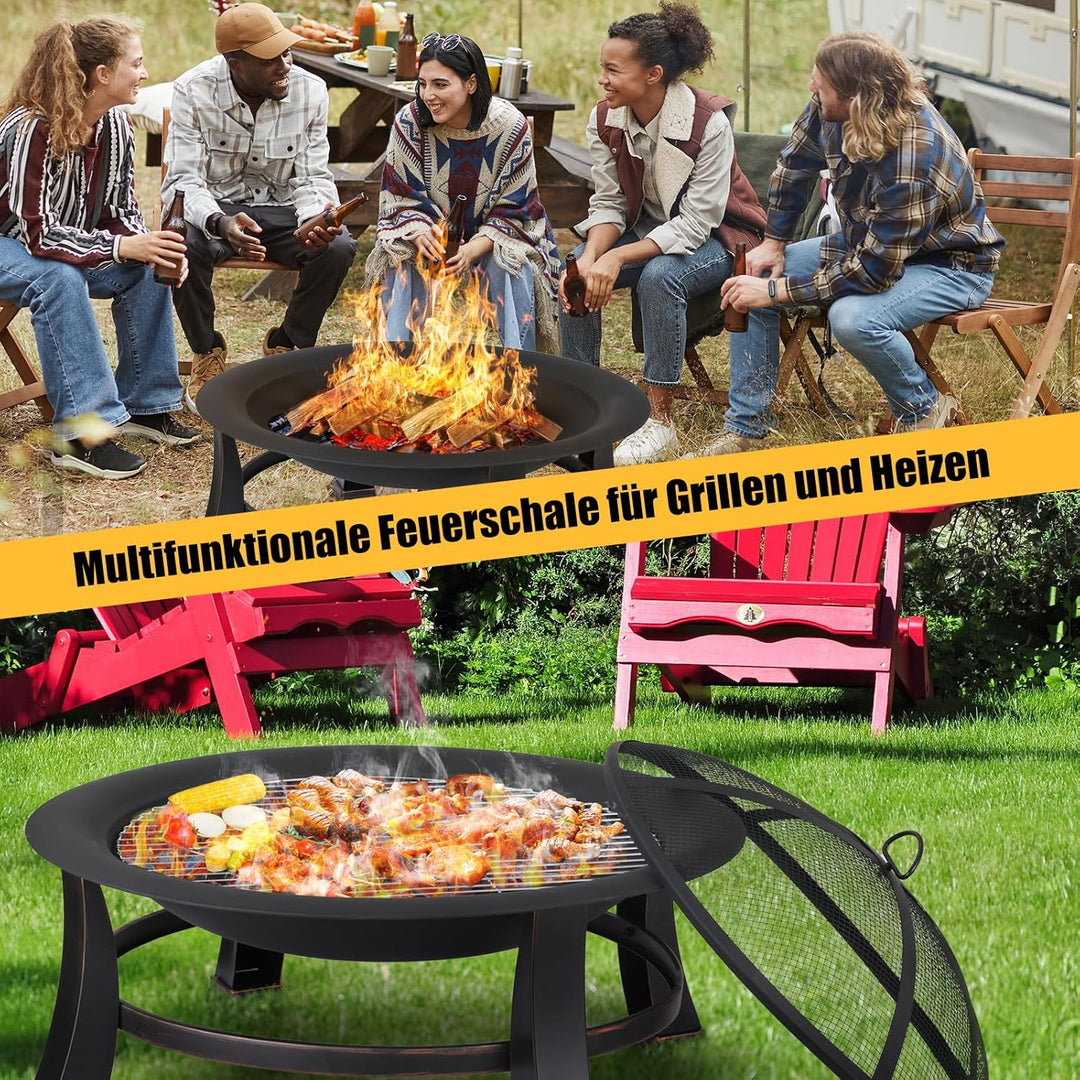 Feuerschalen für den Garten Φ76cm, Feuerschale mit funkenschutz und grillrost, Multifunctional Feuer